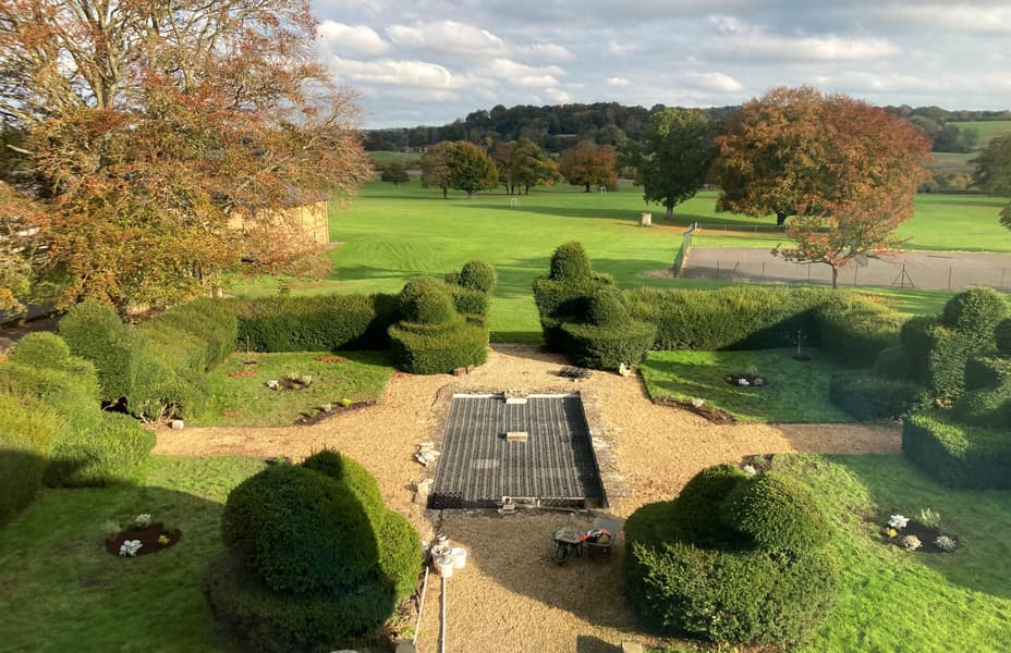View of the pond and formal garden at Mary Hare School