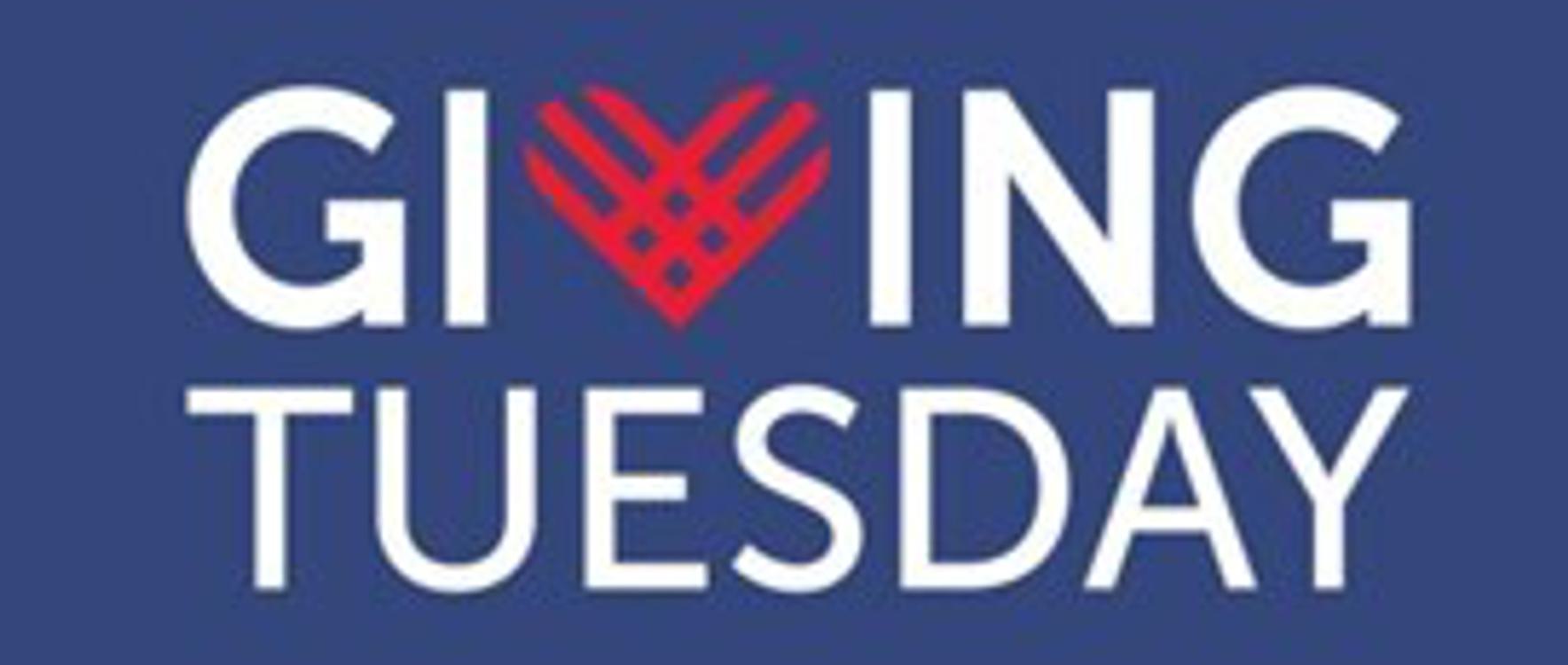 Logo for Giving Tuesday. White text on a blue background with a heart shape 'v'