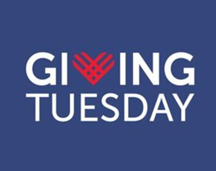 Logo for Giving Tuesday. White text on a blue background with a heart shape 'v'