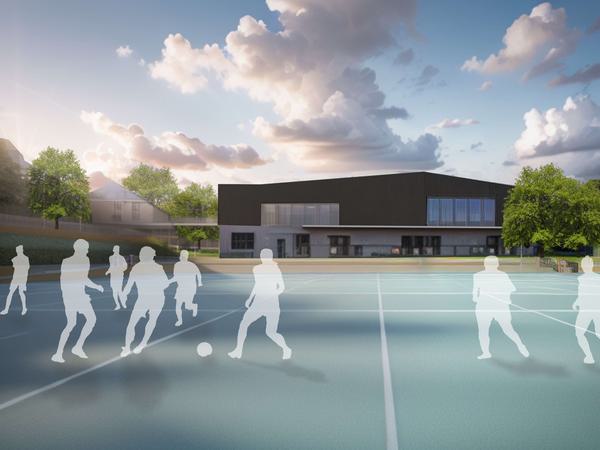 An artist impression of a playground and a sports hall in the background